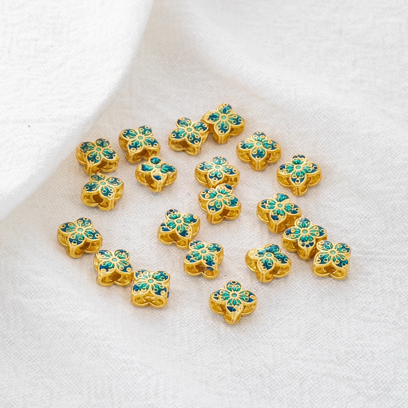 Hạt Xỏ Vòng Tay/Dây Chuyền Thủ Công Bốn Lỗ Màu Vàng Đồng 18k Mặt Nhám Hình Cỏ Bốn Lá diy