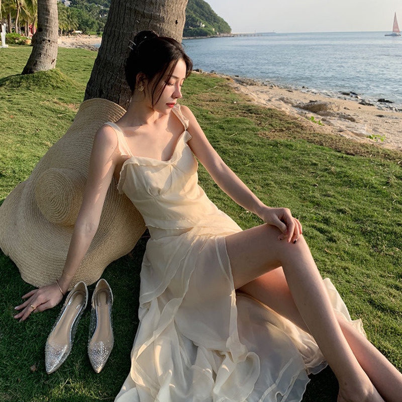 Đầm Hai Dây Cổ Chữ V Phối Bèo Xẻ Tà Thời Trang Cao Cấp Cho Nữ