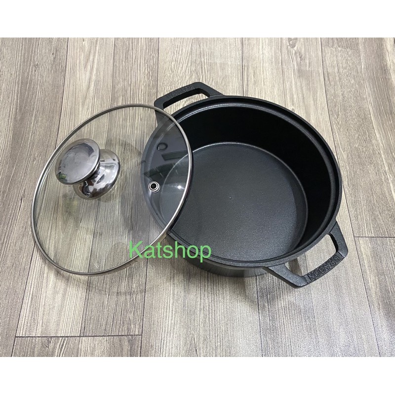 Nồi Gang Đúc ( Cast iron) Chống Dính Nắp Kính Cao Cấp Size 20-22cm