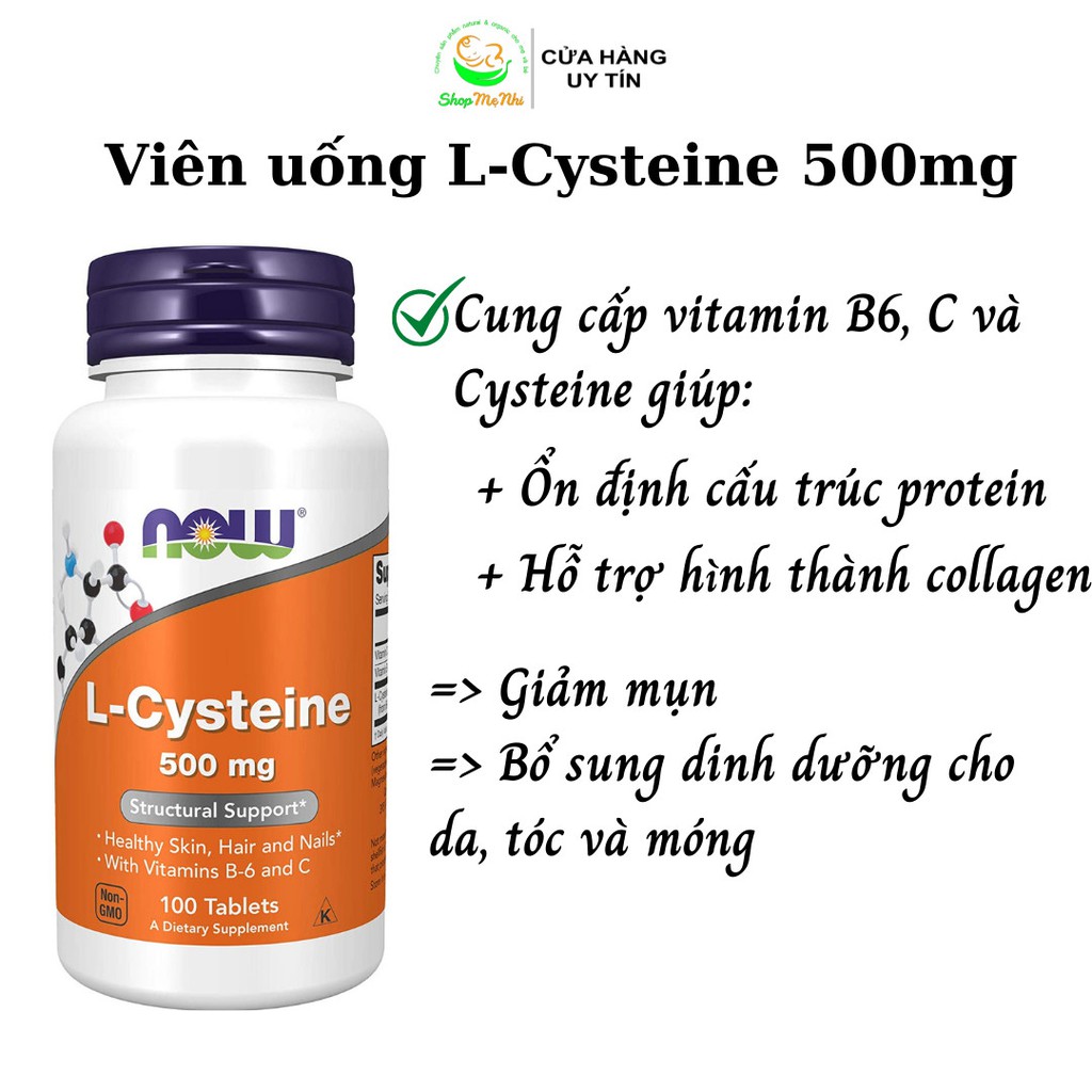 Viên uống L-Cysteine Now 500mg 100v hỗ trợ giảm mụn đẹp da.