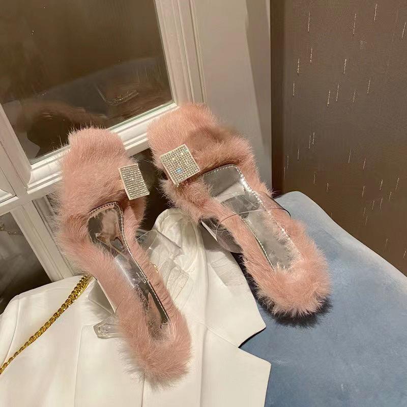 Dép Quai Ngang Trong Suốt Đính Đá Phối Lông Thời Trang Xuân Thu Cho Nữ Miaomei 2022