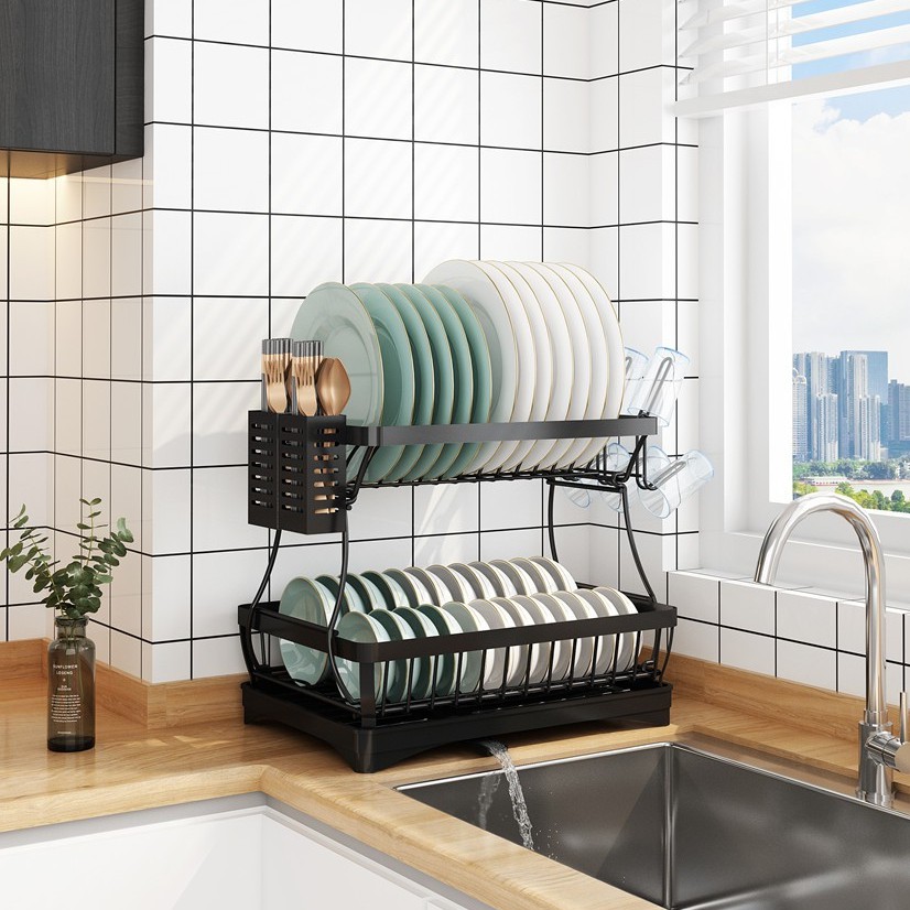 Kệ chén bát thông minh 2 tầng có khay, giá để bát đũa tiện dụng