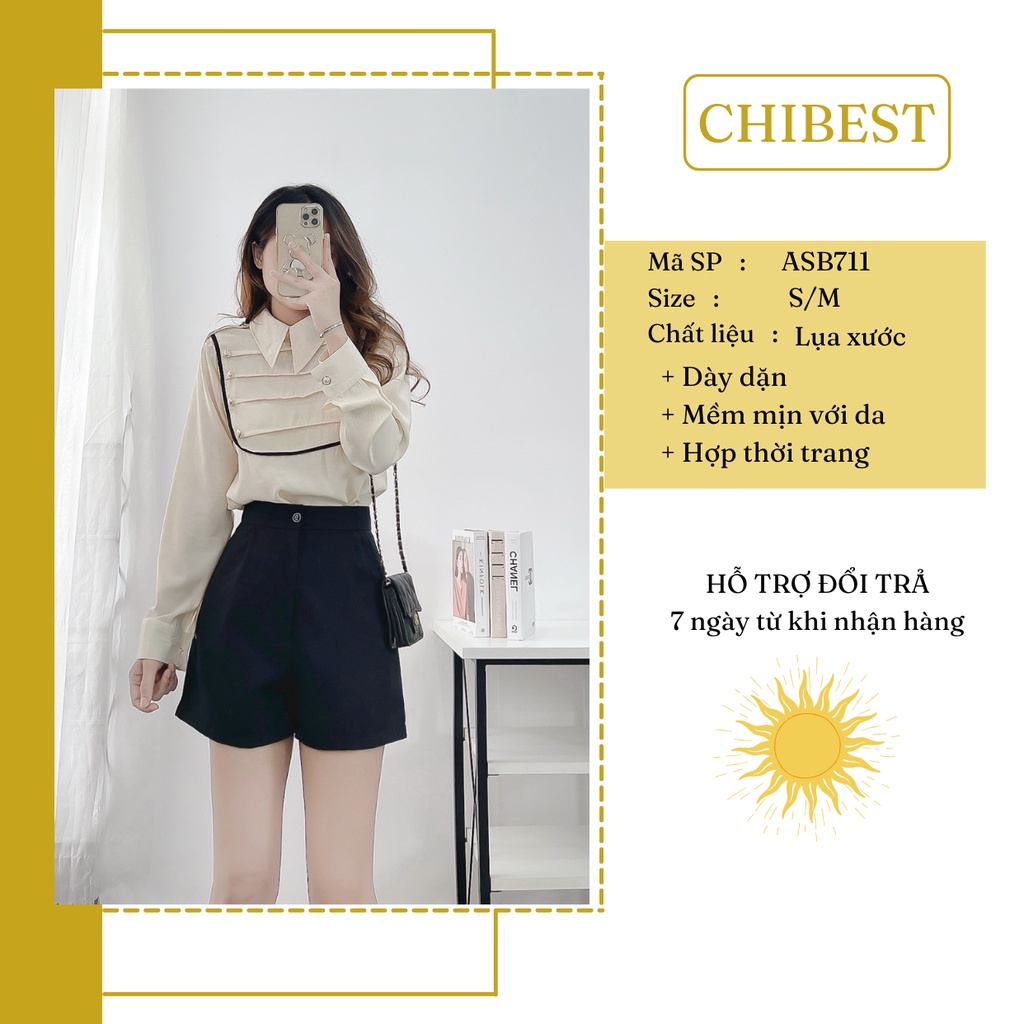 Set áo sơ mi kiểu xếp ly ngực đính nút chạy viền tay dài kèm quần short đen  CHIBEST ASB711