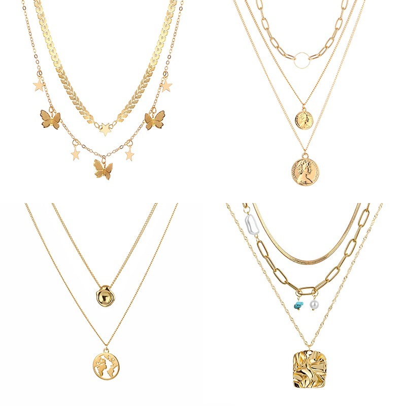 Korean New Style Butterfly Multi-layer Pendant Necklace Ins Hip-hop Square Piece Moon Map Gold Chain Jewelry