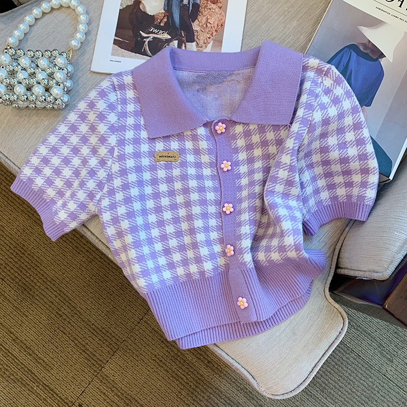 Áo Sweater Dệt Kim Ngắn Tay Họa Tiết Sọc Caro Phong Cách Hàn Quốc