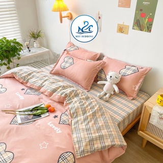 Bộ chăn ga gối Cotton poly M2T bedding, vỏ chăn mền, drap ga giường và 2 vỏ gối Tim kẻ hồng BBR
