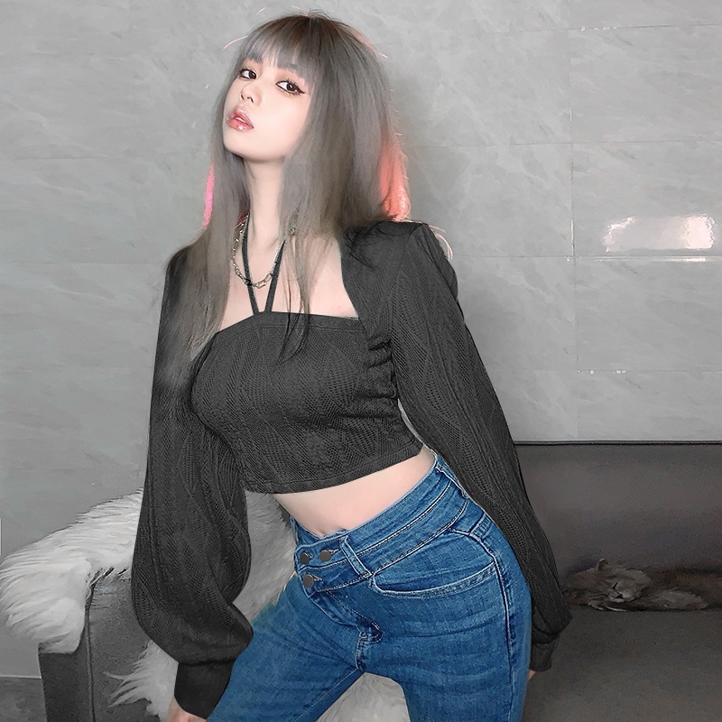 Set áo dây croptop + áo khoác tay dài màu trơn thời trang sành điệu cho nữ