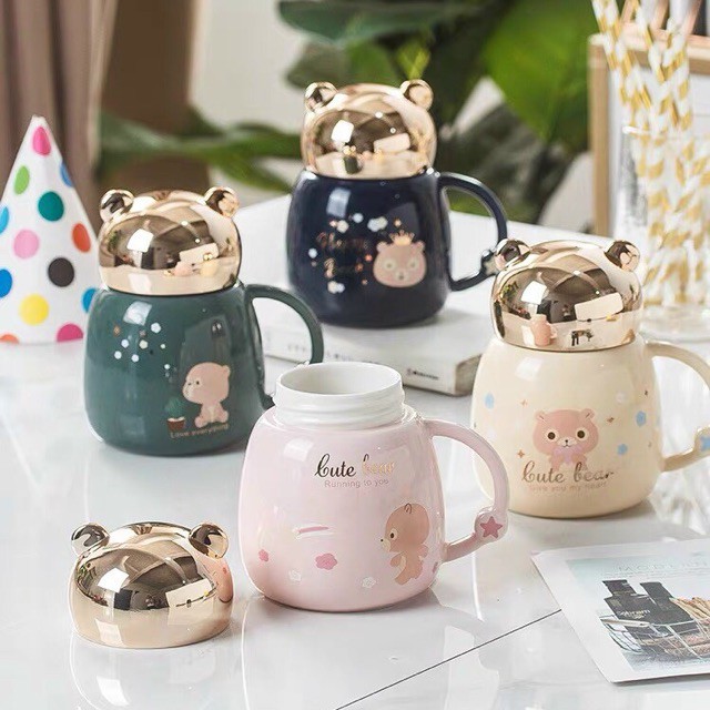 Cốc gốm sứ pha trà cà phê có nắp CUTE BEAR loại 330ml Ly sứ giữ nhiệt cao cấp, cốc uống trà quai liền có nắp đậy