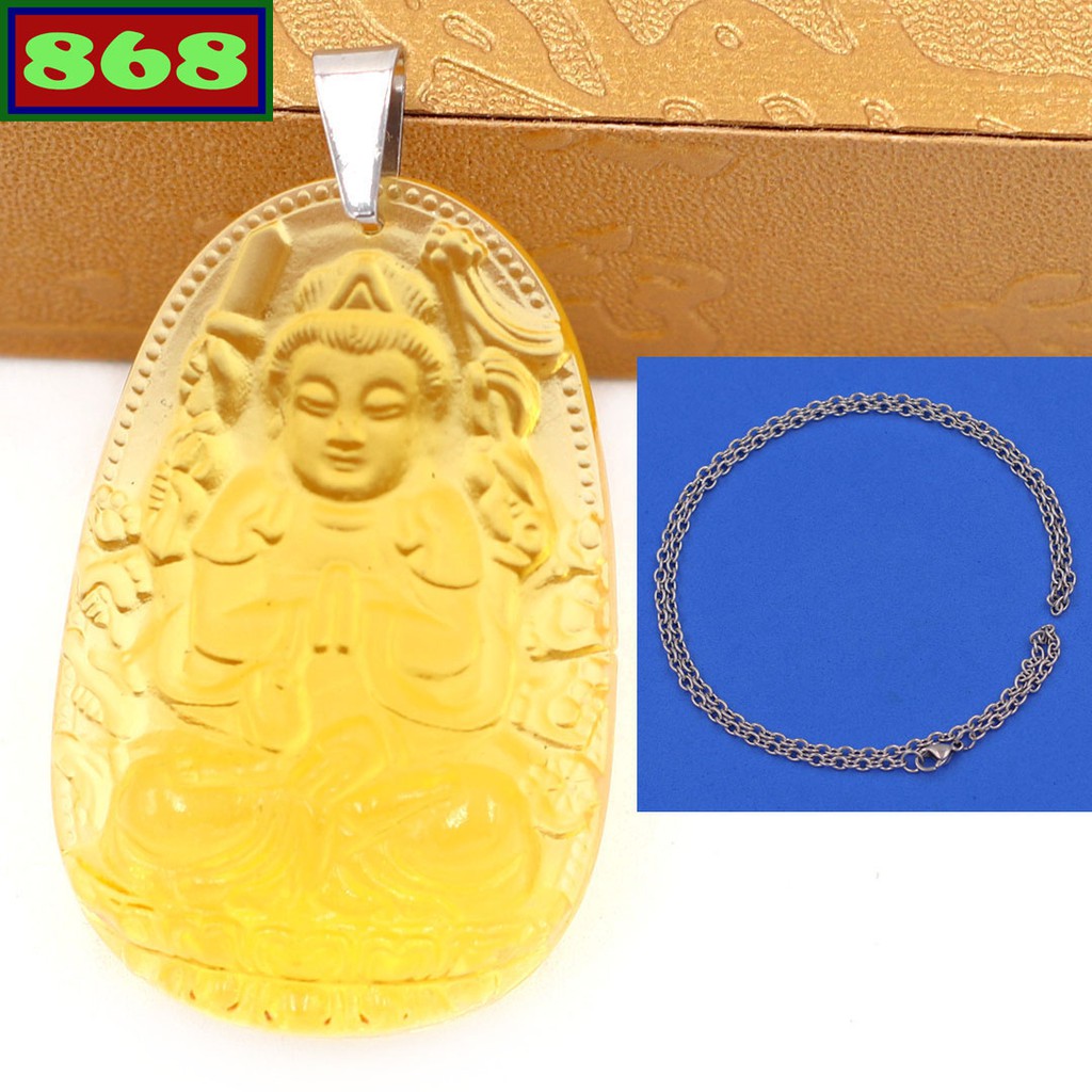 Vòng cổ dây chuyền inox Thiên thủ thiên nhãn thuỷ tinh vàng, 3.6cm, 5 cm, Quan âm nghìn tay nghìn mắ