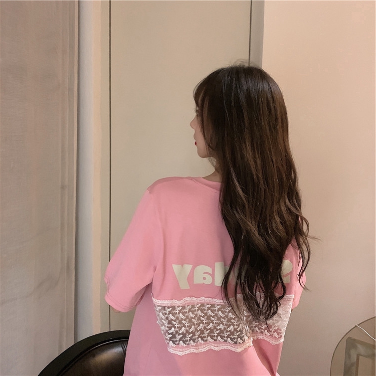 SUXI Áo Thun Tay Ngắn Phối Ren Hoa Thiết Kế Dáng Rộng Thoải Mái