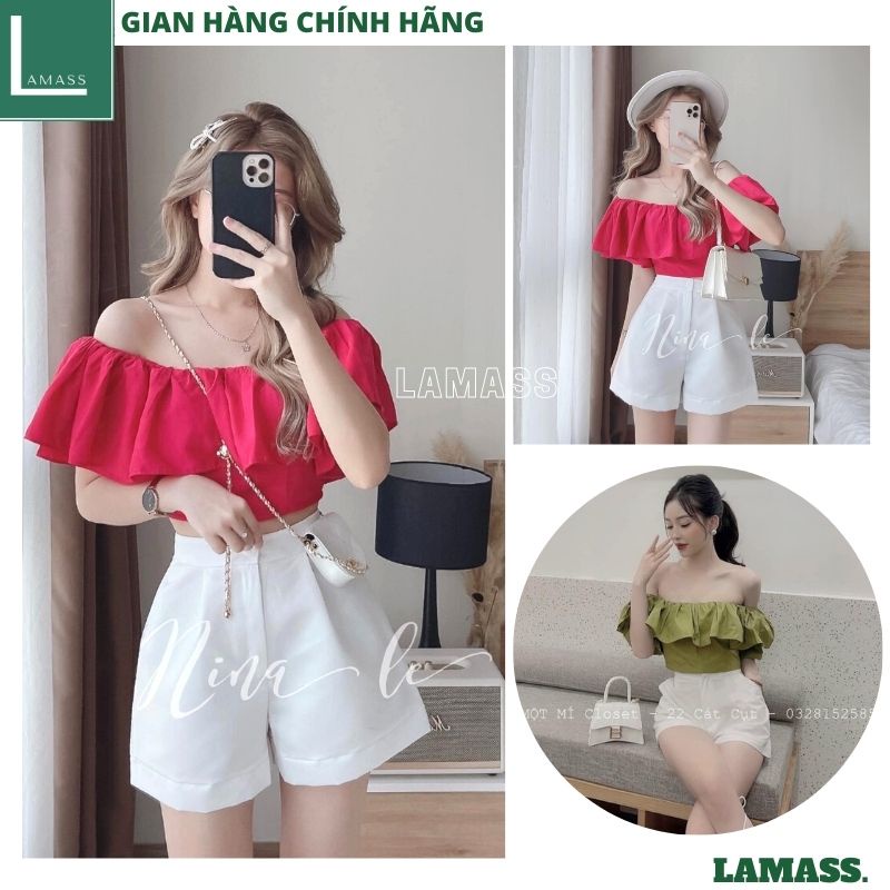 Sét áo trễ vai tay bồng croptop kèm quần short vải mầu trắng cạp cao kiểu dáng hàn quốc ulzzang tiểu thư dễ thươngLAMASS