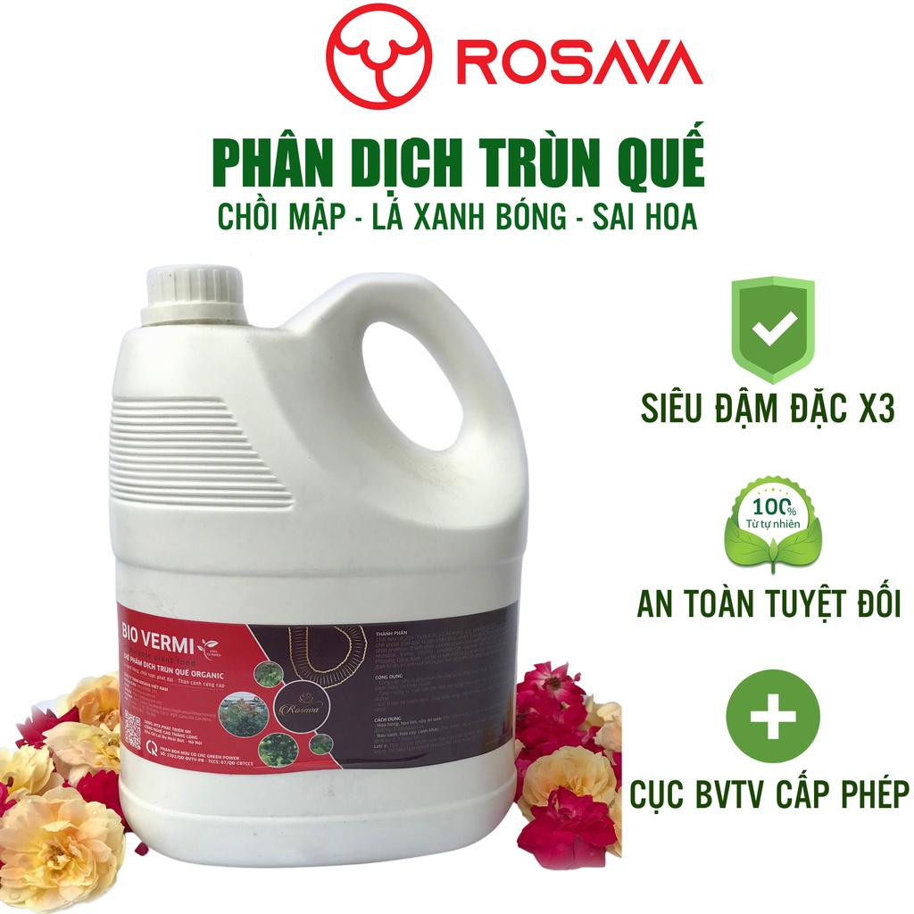 Phân dịch trùn quế hữu cơ vi sinh đậm đặc Rosava 4lít bón hoa hồng, lan, giấy, sen đá, mai và cây cảnh