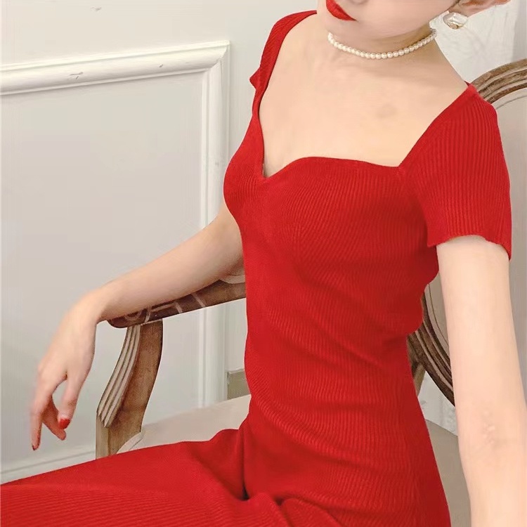 Đầm SUXI dệt kim tay ngắn màu trơn thời trang xuân hè dành cho nữ