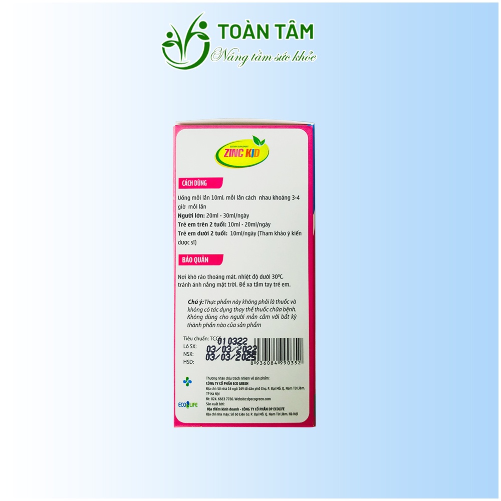 Siro Zinc Kid cho bé, siro kẽm tăng cường sức khỏe cho trẻ VIGOR Toàn Tâm