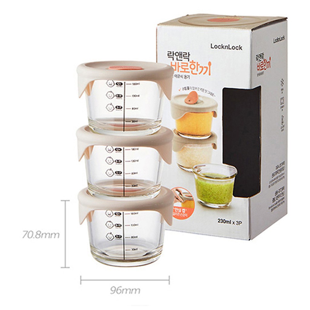 Bộ 3 Hộp Thủy Tinh Đựng Thức Ăn Cho Bé Lock&Lock 230ml x 3 hộp LLG508S3 - Hàng Chính Hãng, Có Vạch C