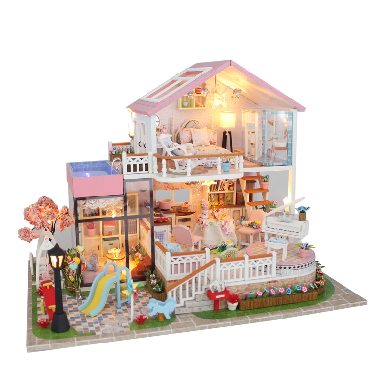 đồ chơi ngôi nhà búp bê khéo tay(handmake) ngôi nhà gỗ ngọt ngào 1 lầu mini thu nhỏ 13846 có đèn