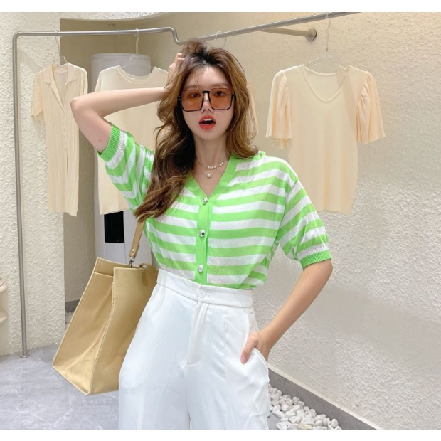 Áo thun nữ sọc Croptop dệt kim tay ngắn cổ chữ V Phiên bản Hàn Quốc