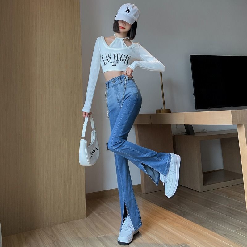 Quần Jean Nữ Ống Loe Xẻ Tà Lưng Cao Co Giãn Màu Gradient Phong Cách Mới