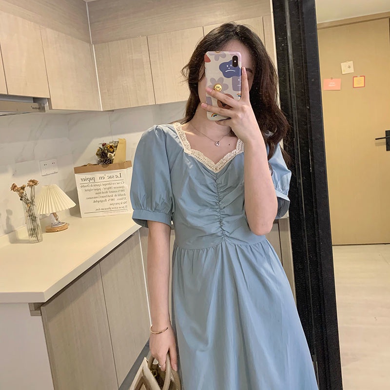 Đầm Tay Phồng Dài Phối Ren Màu Xanh Dương Phong Cách Pháp Thanh Lịch Thời Trang Mùa Hè Cho Nữ