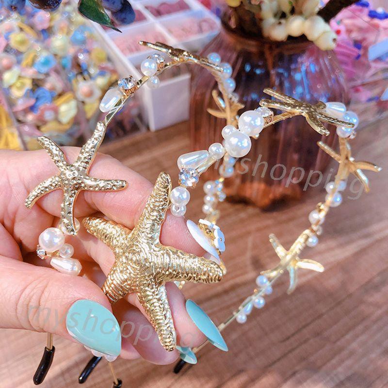 Băng đô cài tóc màu vàng ánh kim đính sao biển ngọc trai nhân tạo thời trang dành cho nữ