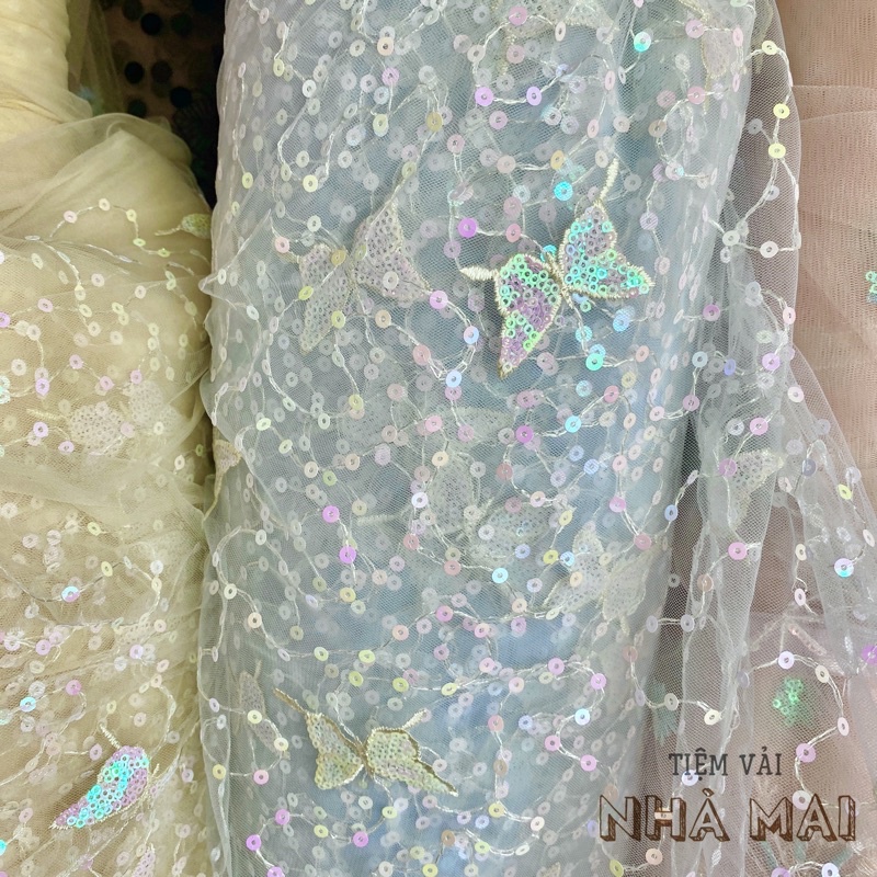 1M Lưới Mềm Thêu Cánh Bướm Kim Sa Lấp Lánh