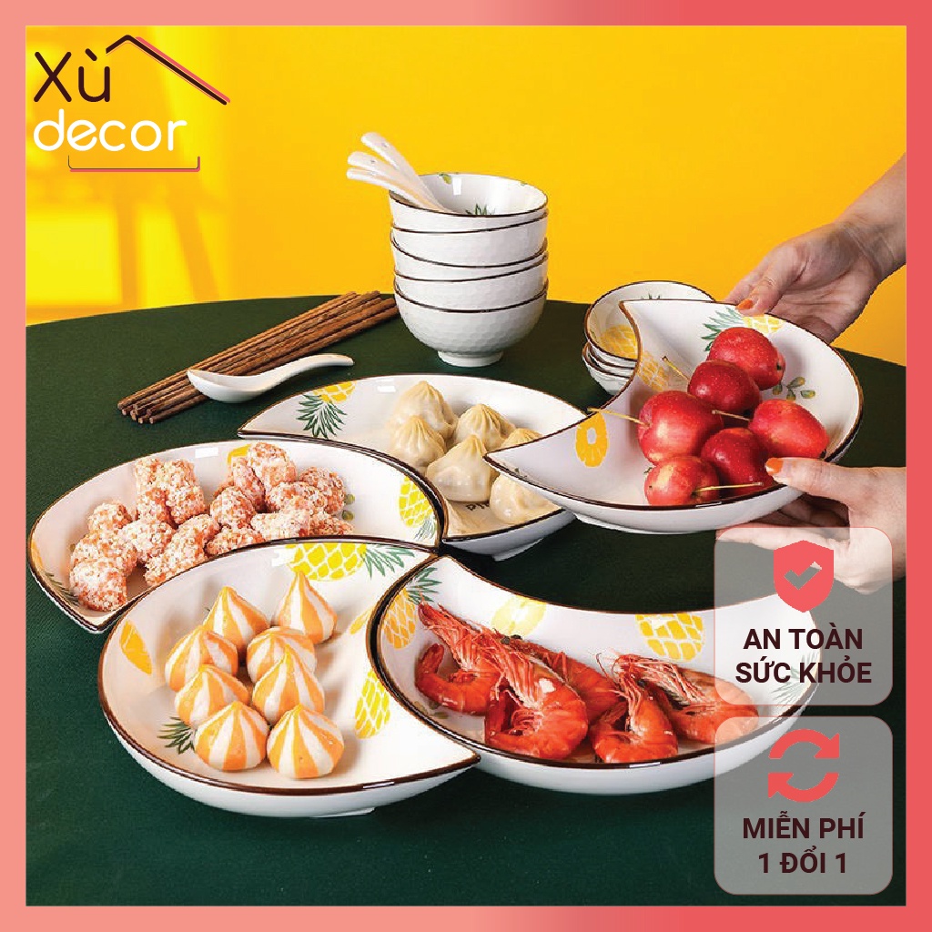 Đĩa sứ mặt trăng, đĩa sứ họa tiết hoa quả, trái cây, men sáng bóng, dùng được với lò vi sóng