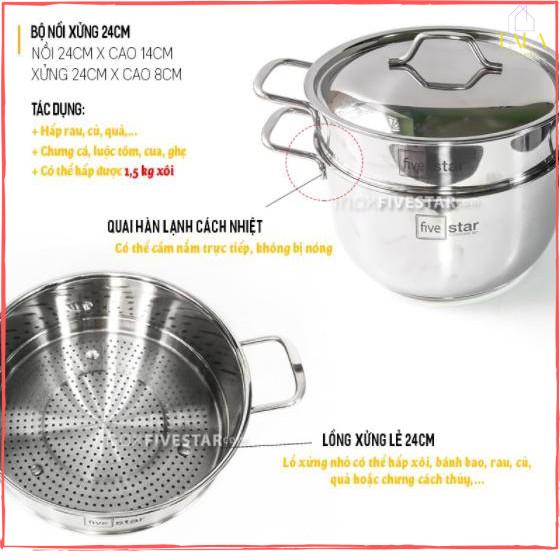 Bộ Nồi Inox 5 Chiếc Fivestar 3 đáy (Nắp Kính &amp; Nắp Inox)