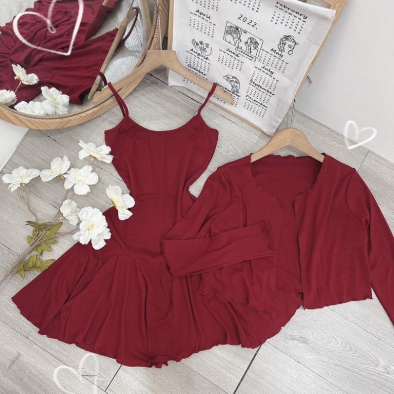 SET ĐẦM GÂN 2 DÂY ĐUÔI CÁ + ÁO KHOÁC GÂN NÚT CỰC CHẤT