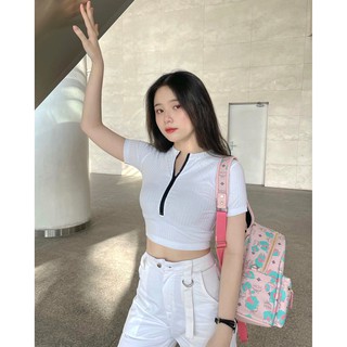 Áo croptop trắng phối dây kéo ngực năng động BLMDE