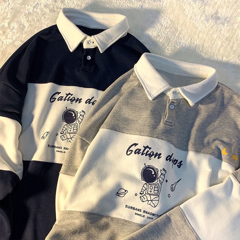 Omiya Plus & No Áo Thun Polo Nhung Dài Vừa Dáng Rộng Tay Dài Màu Tương Phản Phi Hành Gia Cho Nữ Sinh / Cặp Đôi