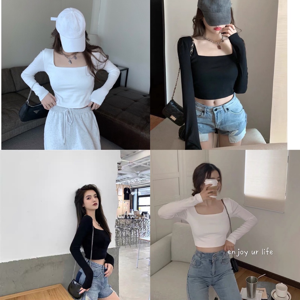Áo croptop body cổ vuông 2 màu Đen Trắng, chất thun gân co dãn tốt, ôm body tôn dáng dễ mặc, trẻ trung