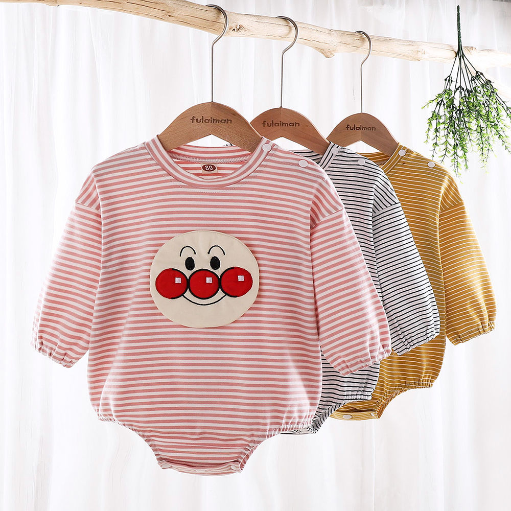 Áo Liền Quần Bằng Vải Cotton Tay Dài Họa Tiết Kẻ Sọc Phối Hoạt Hình Thời Trang Mùa Thu Cho Bé Trai Và Bé Gái