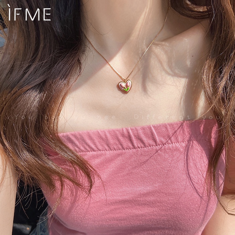 IF ME Vòng cổ Mạ Vàng Hồng Mặt Hoa Tulip Thanh Lịch Cho Nữ