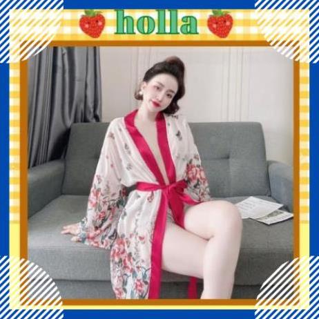 Áo Choàng Ngủ Sexy, Áo Ngủ Kimono Sexy, Áo Choàng Xuyên Thấu Chất Voan Hoa Phối Quần Satin Trơn Cao Cấp, Gợi Cảm, Thu Hú
