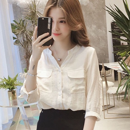 Áo sơ mi nữ công sở cổ tầu phát V tay lỡ 2 túi ốp ngực trẻ trung, thời trang phong cách Hàn