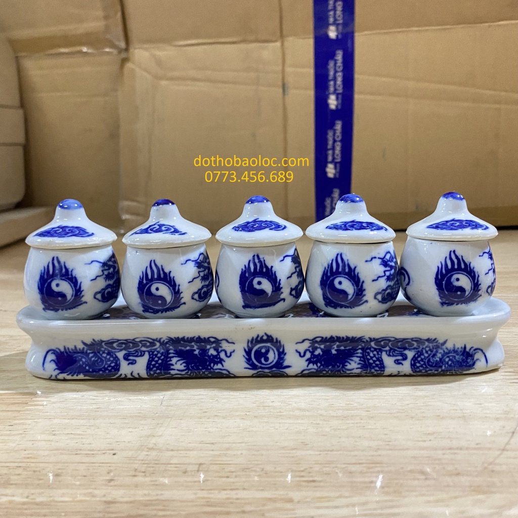 Chum nước thờ ,áng nước sứ Bát Tràng màu xanh bộ 5 ly có nắp