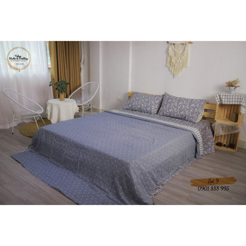 Set 09_Chăn Xô Cotton Sợi tre Organic dòng Basic &amp; Ga gối cottton nguyên chất 100%