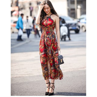 Đầm maxi dài hoa văn cổ yếm thời trang .