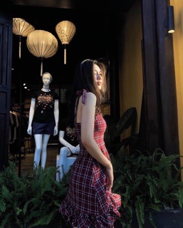 ĐẦM CARO ĐỎ HAI DÂY CỘT NƠ (KÈM VIDEO HÌNH THẬT)