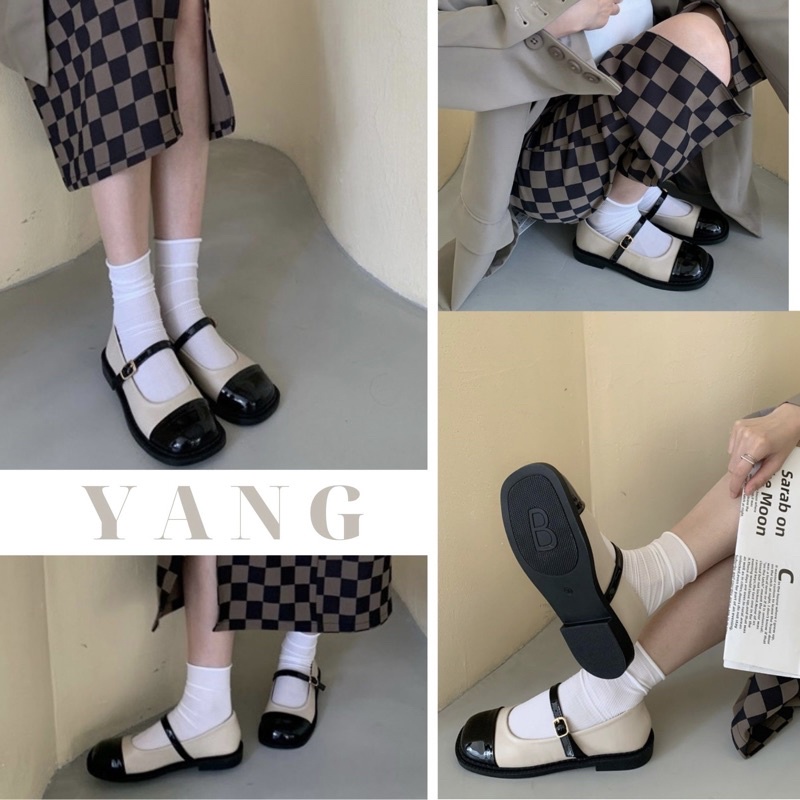 Giày búp bê mũi vuông hai màu, giày búp bê dây cài dễ phối đồ