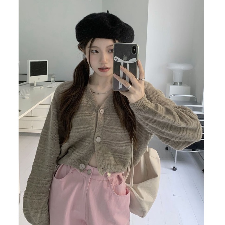 Áo Khoác cardigan Dệt Kim Tay Dài Cổ Chữ V Phong Cách Thời Trang Hàn Quốc Cho Nữ