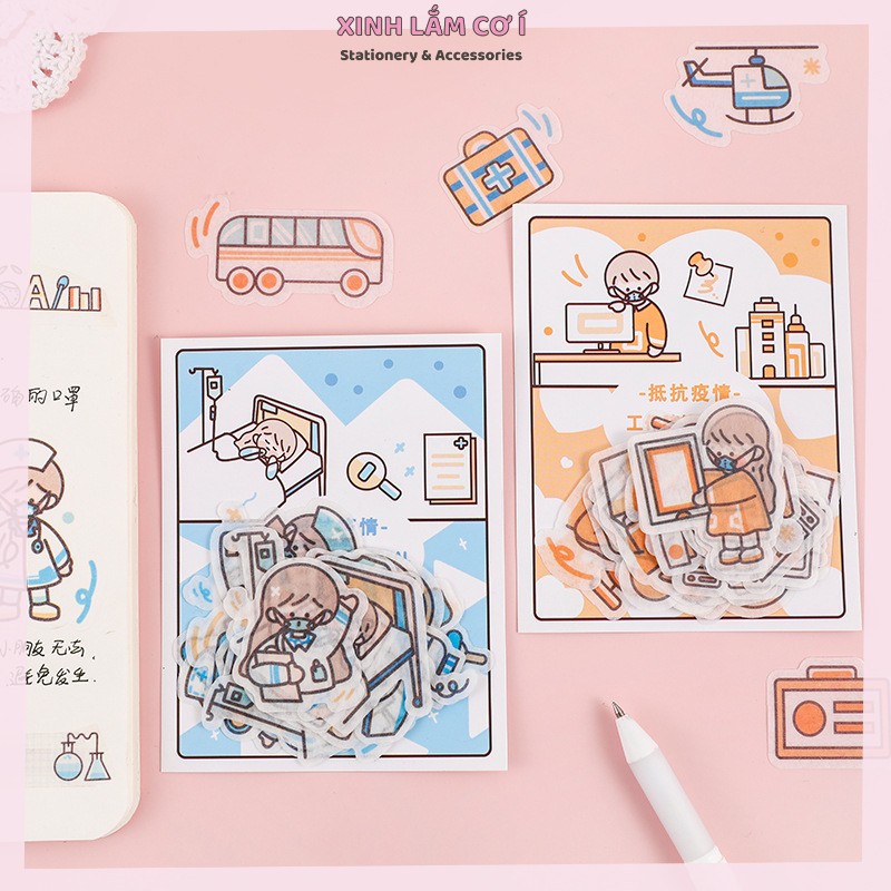 Set 40 Miếng Dán Sticker Cô Bé Cậu Bé Đeo Khẩu Trang Siêu Dễ Thương