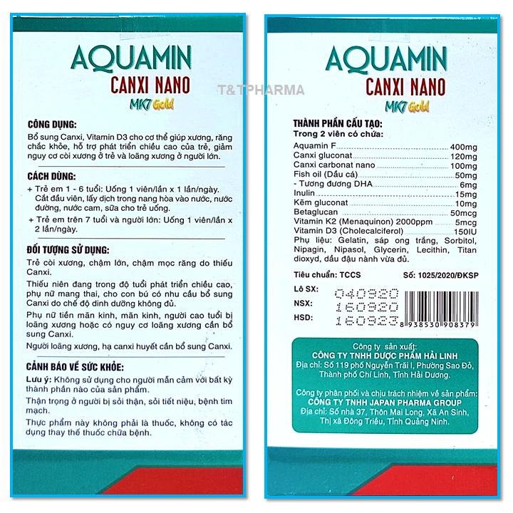 Viên Uống Bổ Sung Canxi ,vitamin D3 Aquamin Canxi Nano MK7 Gold-30 viên