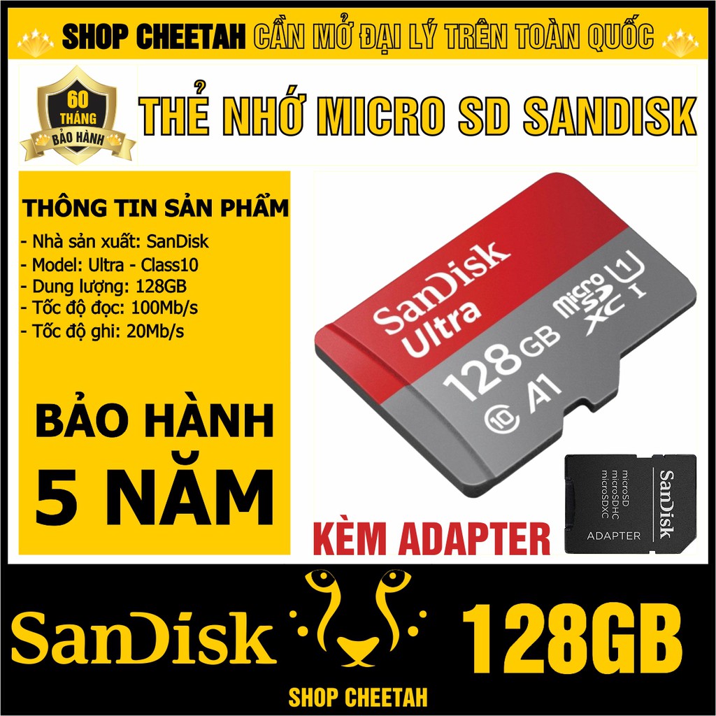 Thẻ nhớ 128GB SanDisk kèm Adapter – MicroSD Ultra Class10 – CHÍNH HÃNG – Bảo hành 5 năm