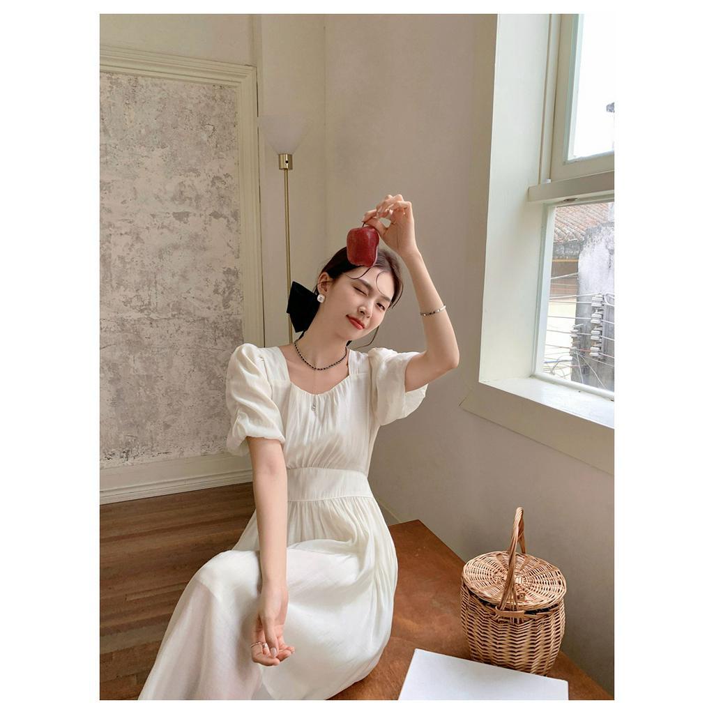 Đầm Tay Phồng Xếp Ly Màu Trơn Phong Cách Pháp Cổ Điển Thời Trang Mùa Hè Kiểu Mới 64057