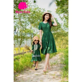 Đầm đôi mẹ và bé gái ngắn tay cổ tròn màu xanh dương kèm ảnh thật chất tơ mềm organza Myla Kids 503