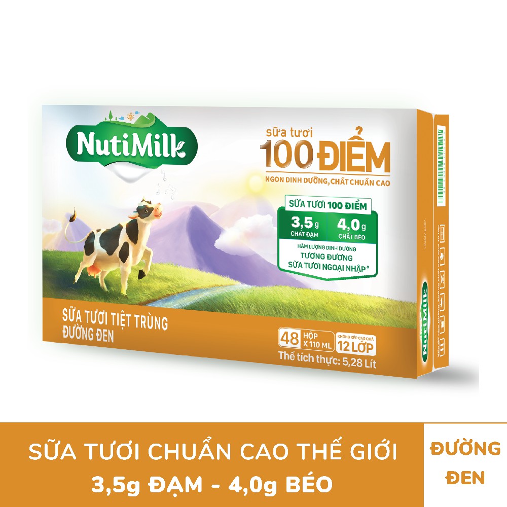 [Mã FMCGMALL giảm 8% đơn từ 250K] Thùng 48 hộp NutiMilk ST 100 điểm - ST tiệt trùng Đường đen Hộp 110 mL/hộp