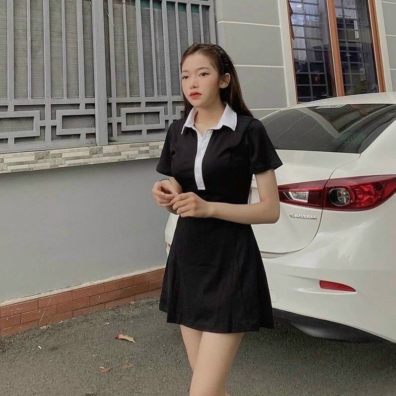 Đầm Polo Nữ Đen Dáng Ôm 🦋 Váy Nữ Cổ Phối Chất Borip Dáng ngắn 🦋 | BigBuy360 - bigbuy360.vn