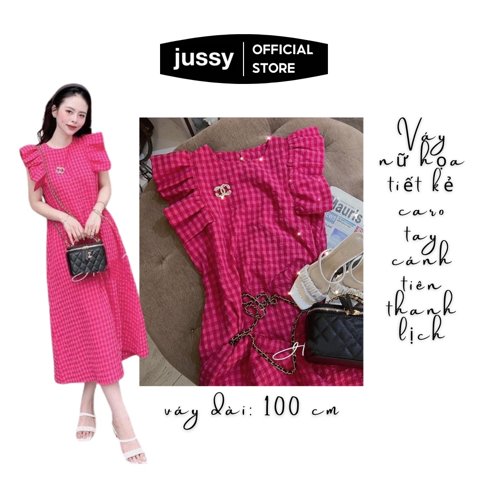 Váy nữ họa tiết kẻ caro tay cánh tiên thanh lịch Jussy Fashion