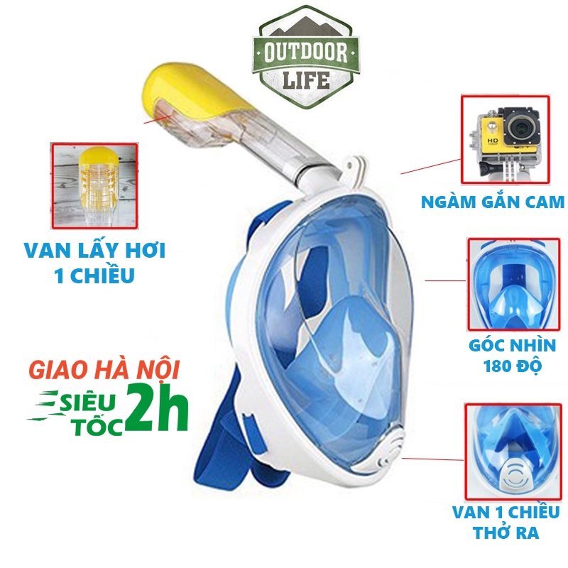 Mặt nạ lặn biển bơi ngắm san hô full face có ống thở ngàm gắn camera hành trình